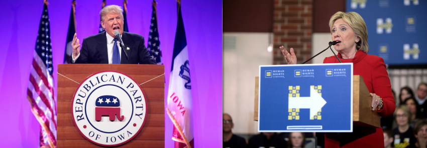 The 2016 Front-Runners: Donald Trump (left) leads the Republican nomination polls, while Hillary Clinton (right) is on top of the Democrats