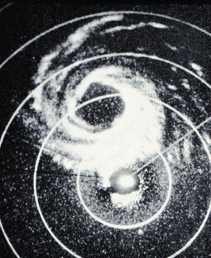 Radar image of Hurricane Alice in 1955 near the British Virgin Islands. The storm formed in late December 1954, and continued into the New Year. Source: U.S. Navy