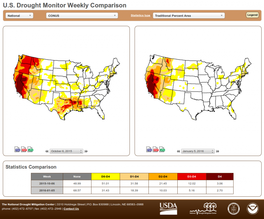 Drought Analysis from Early October 2015 (left) and Early January 2016 (right) courtesy US Drought Monitor