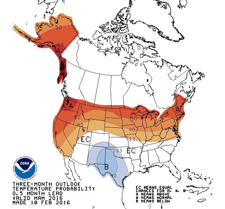 Three-month Temperature Outlook, March through May. Graphic courtesy NOAA CPC.