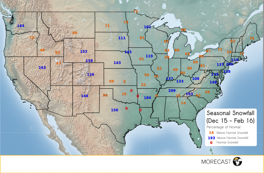 Percentage of above or below normal snowfall amounts