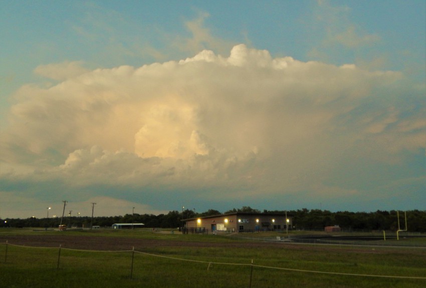 A tornado warned supercell thunderstorms towers to the northeast of Dallas, TX with an overshooting cloud top reaching heights of more than 40,000 feet in the early evening of May 9th, 2016
