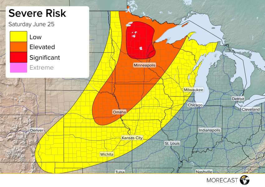 Potential for severe weather June 25 for Minnesota through Nebraska