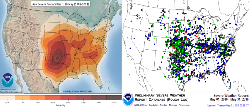 Left: The daily probability for some kind of severe weather within 25 miles of a certain area. Right: All storm reports from May (red = tornado, green = 1" or bigger hail, blue = wind). Overall, the most severe weather activity occurred in areas you would typically expect in the month of May (Source: NOAA/Storm Prediction Center)