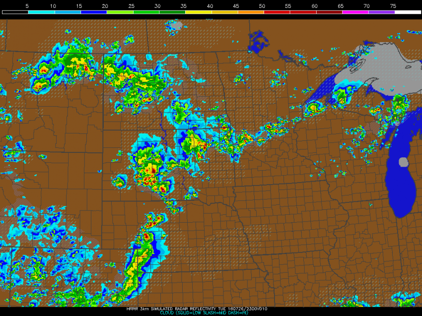 Image is a projected look of the radar at 6 p.m. CDT by NOAA's HRRR Model, which offers an idea of what to expect in terms of storm coverage at the time (Image from Penn State Department of Meteorology)
