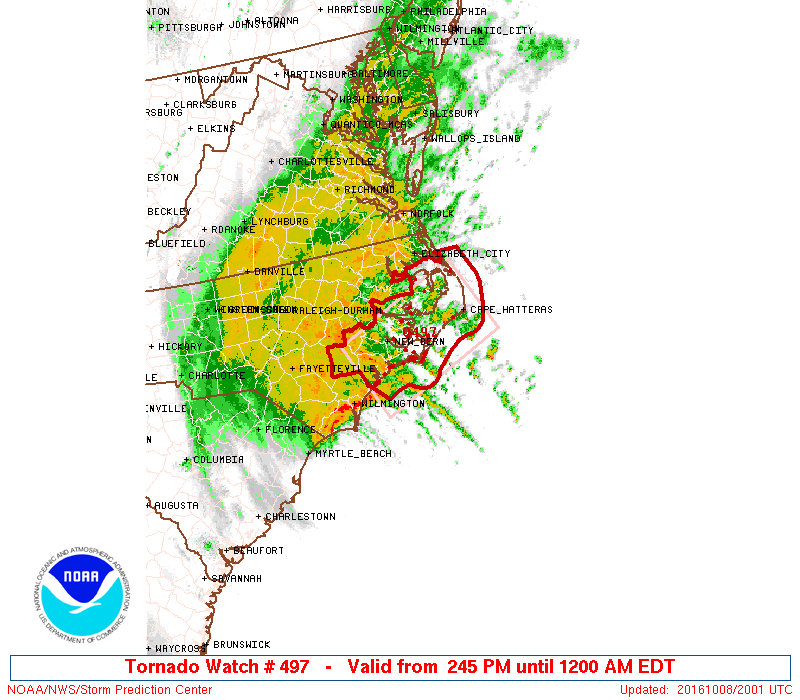 Areas in the red box are under a Tornado Watch until midnight Sunday.