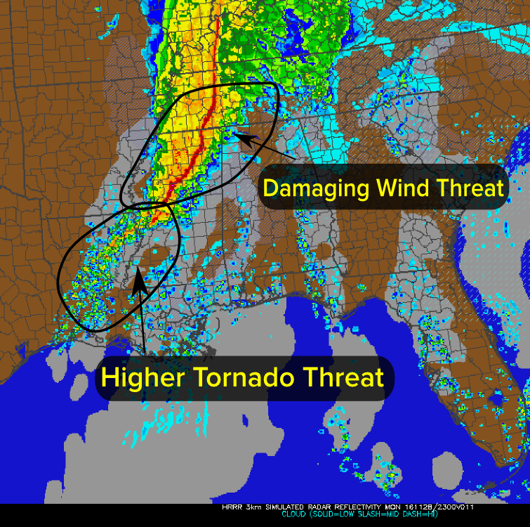 HRRR Model depicting what it may look like in the early afternoon, with a squall line forming from the Ohio Valley down into northern Mississippi capable of producing damaging winds, with more discreet storm cells across northern Louisiana and southern Mississippi, where the tornado threat will be higher
