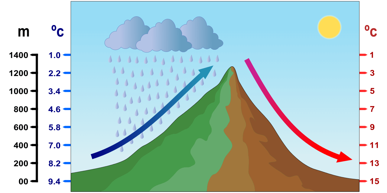 Luft steigt auf der windzugewandten Seite eines Gebirges auf und verliert Feuchtigkeit. Auf der windabgewandten Seite strömt die Luft wieder ins Tal und erwärmt sich.