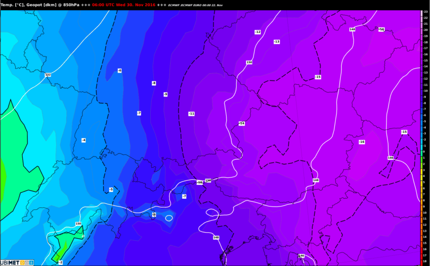 Brrr, Höchsttemperaturen von -12 bis -15 Grad erwarten uns Mitte nächster Woche in 1500 m. (c) Ubimet