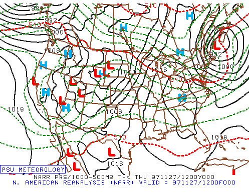 Map showing surface pressure on Thanksgiving morning 1997. The packing of the lines behind a low pressure system across the Northeast indicates strong winds, which were gusting well over 40 mph that morning in New York City, which ended up destroying several balloons at the Macy's Parade. Map: Penn State e-Wall