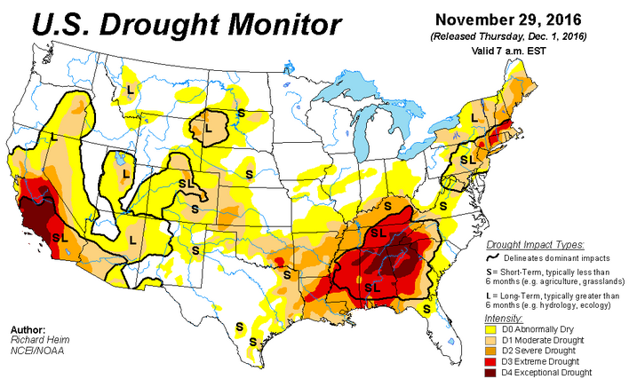 Drought situation across the U.S. as of November 29. Much needed rain expected to fall over many areas in Exceptional Drought in the South the next couple of days. Source: US Drought Monitor