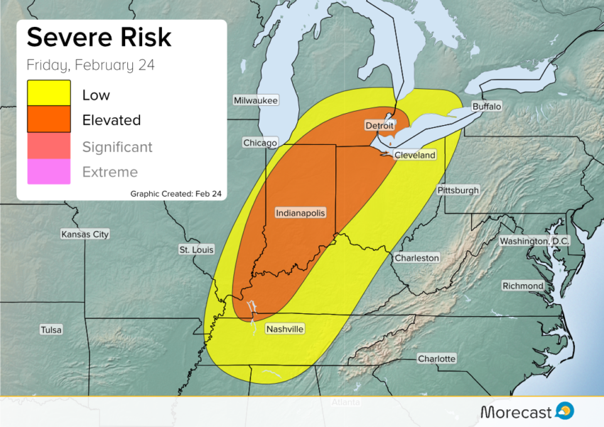 Severe threat for tornadoes hail and wind in the Great Lakes on February 24