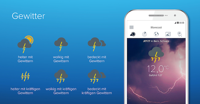 Graphik der Wettersymbole für Gewitter: heiter, wolkig, bedeckt mit Gewittern, heiter, wolkig, bedeckt mit kräftigen Gewittern