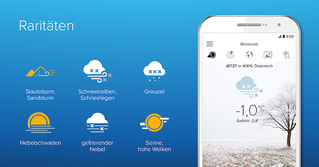 Graphik Wetterraritäten werden abgebildet: Staubsturm, Sandsturm, Schneetreiben, Graupel, Nebelschwaden, gefrierender Regen, hohe Wolken