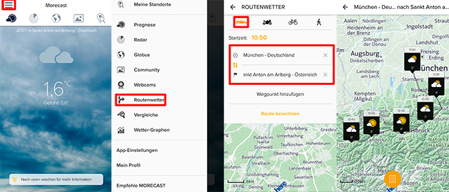 Anleitung für das Morecast-Routenwetter.