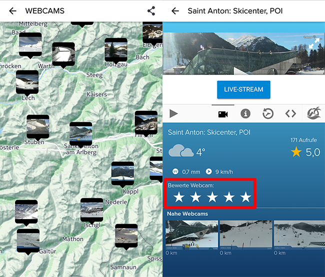 Auswahlbildschirm für Webcams in der Morecast-App.