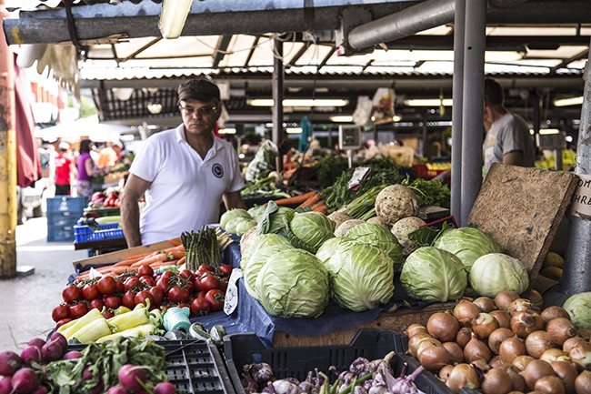 Vegetables and fruits on a market stall