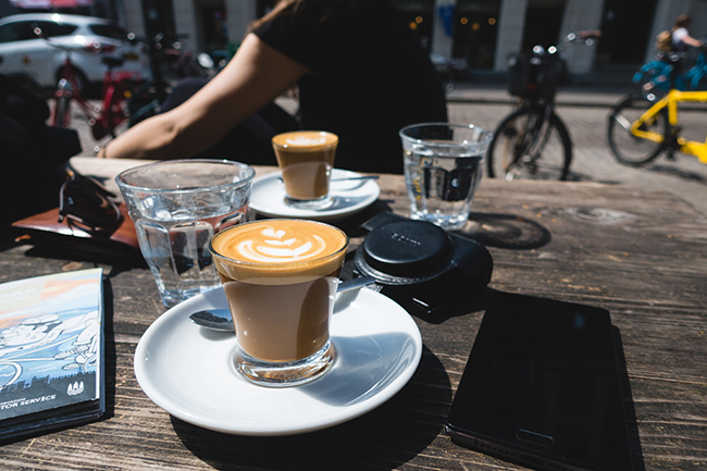 cups of coffee on a table. Outside restaurant.