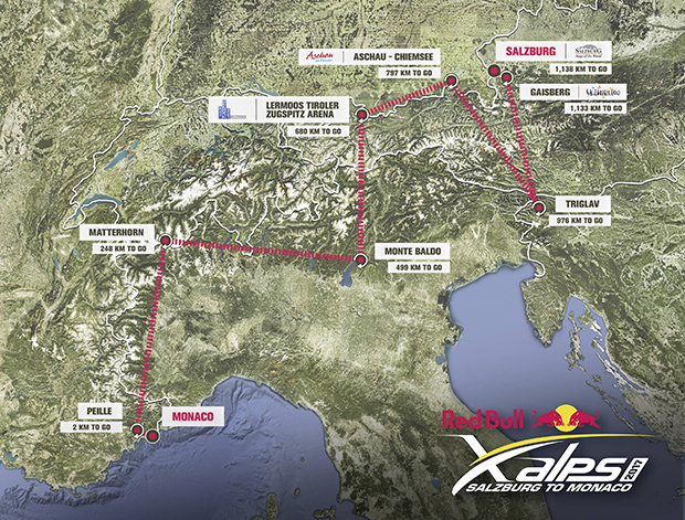 Die heurige Route von Salzburg nach Monaco. © Red Bull X-Alps