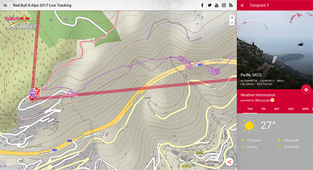 Morecast-Wetterdaten wurden bei allen Turnpoints auf der Live-Tracking-Website angezeigt.